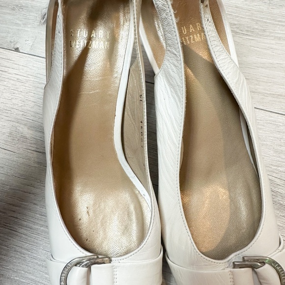 Stuart Weitzman White Leather Slingback Heels with Buckle Detail – Size 7.5 - Picture 9 of 11